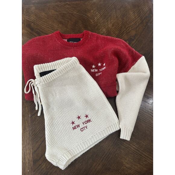 Spirit Jersey Knit Sweater Shorts Oversized Extra Small Red Cream New York City - Picture 1 of 12